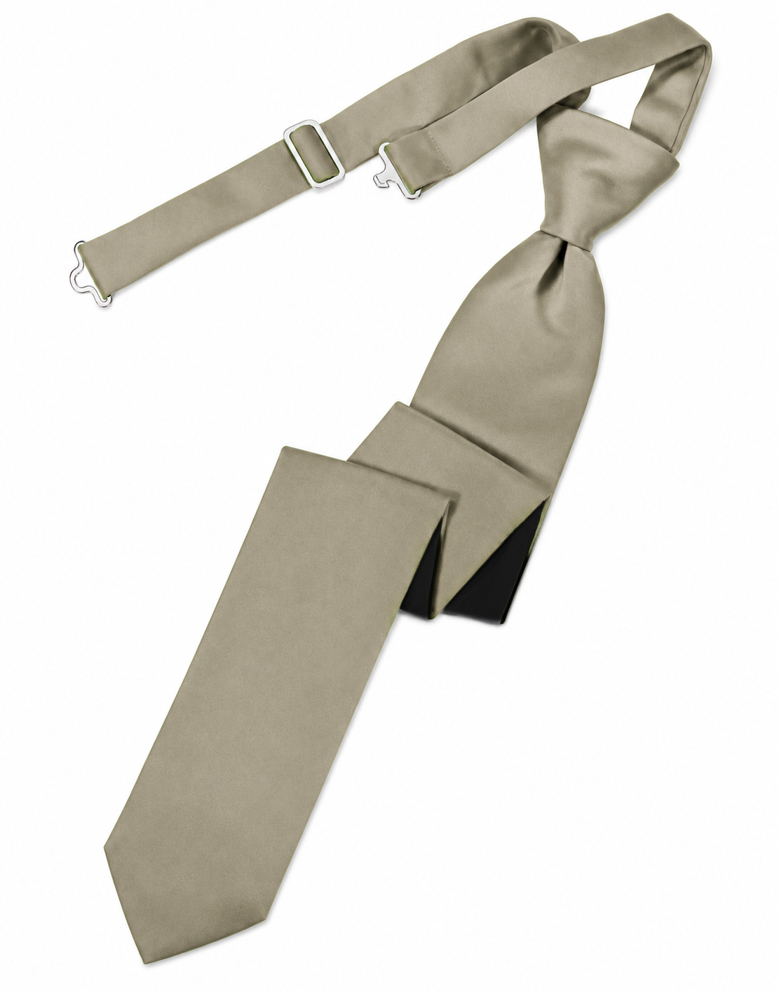 Beige necktie with a knot and adjustable strap, laid diagonally on a white background.