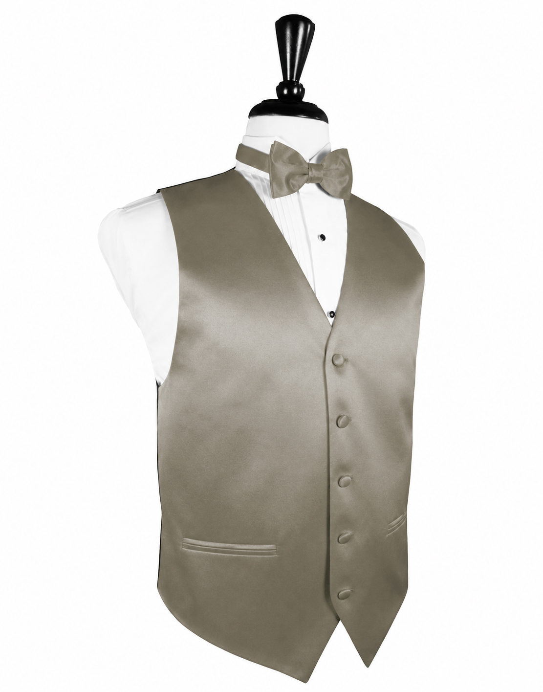 Mannequin dressed in a beige formal vest, white shirt, and matching bow tie on a stand