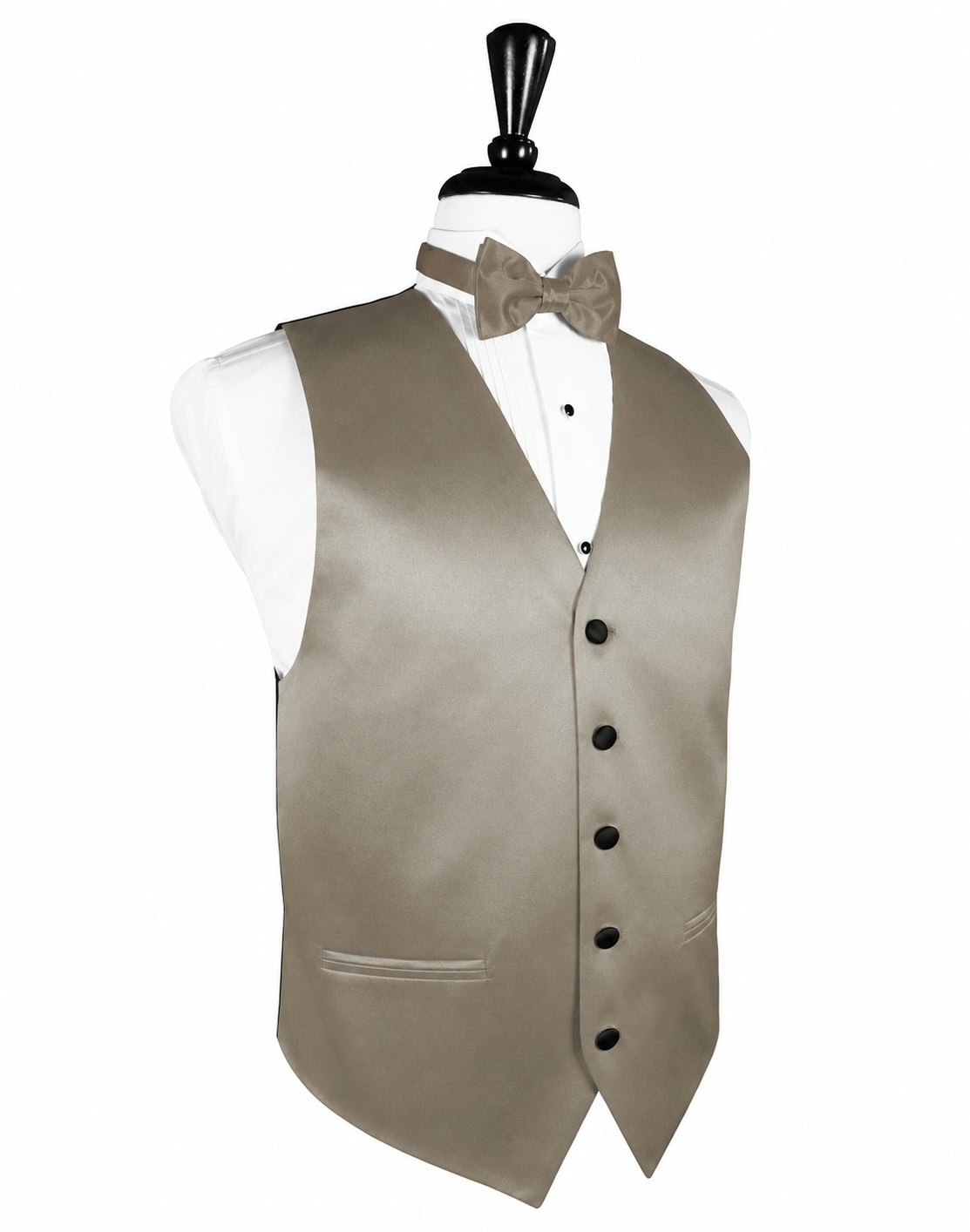 Beige formal vest with black buttons over a white shirt and matching bow tie on a dress form mannequin.