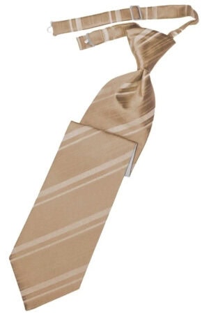 Beige striped necktie with a loose knot and matching suspenders laid flat.