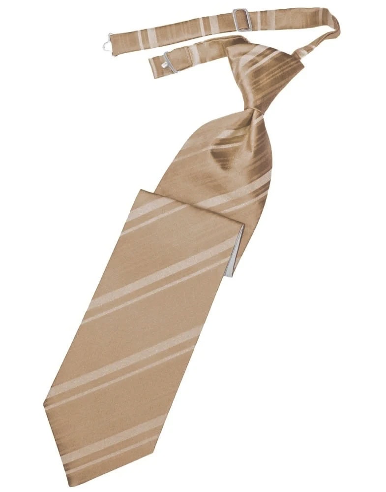 Beige striped necktie with a loose knot and matching suspenders laid flat.