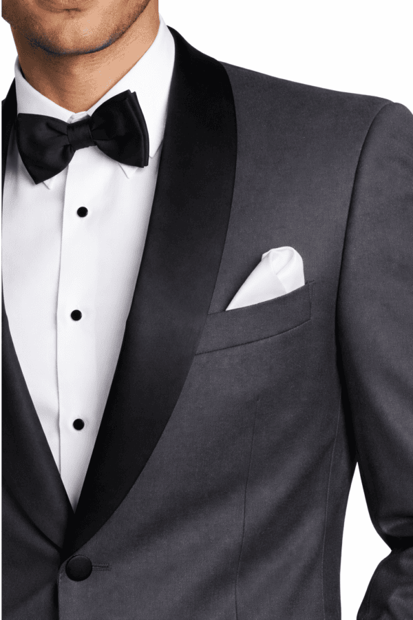 steel gray london tuxedo rental close up