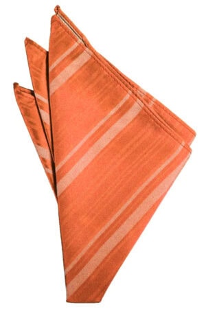Orange striped pocket square folded into a fan-like shape, showing light stripes on orange fabric.