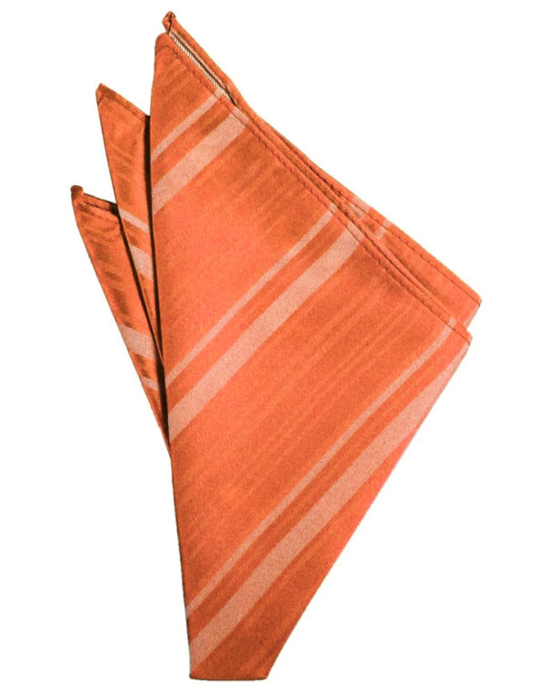 Orange striped pocket square folded into a fan-like shape, showing light stripes on orange fabric.