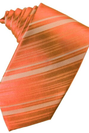 Orange striped necktie laid flat, showing diagonal bands in coral tones.