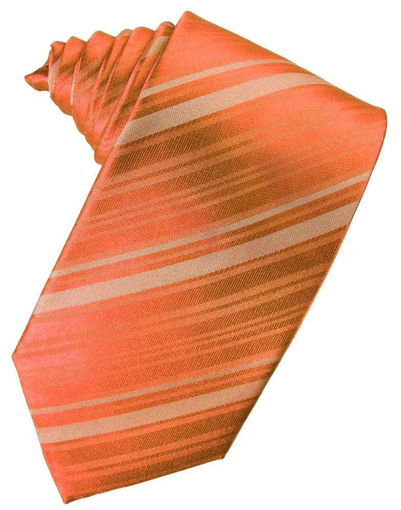 Orange striped necktie laid flat, showing diagonal bands in coral tones.
