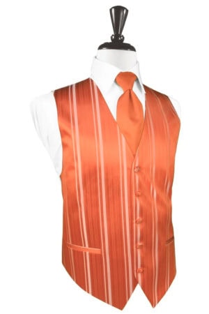 Mannequin wearing an orange striped waistcoat with a matching orange tie over a white dress shirt.