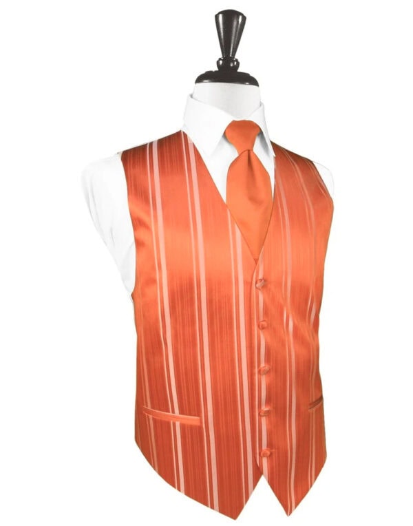 Mannequin wearing an orange striped waistcoat with a matching orange tie over a white dress shirt.