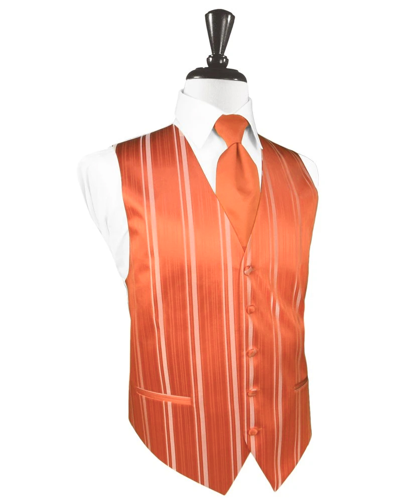 Mannequin wearing an orange striped waistcoat with a matching orange tie over a white dress shirt.