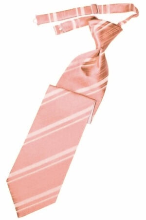 Pink striped necktie laid flat on a white background, showing diagonal white stripes.