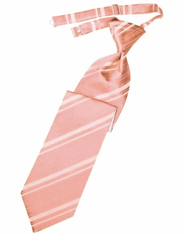 Pink striped necktie laid flat on a white background, showing diagonal white stripes.