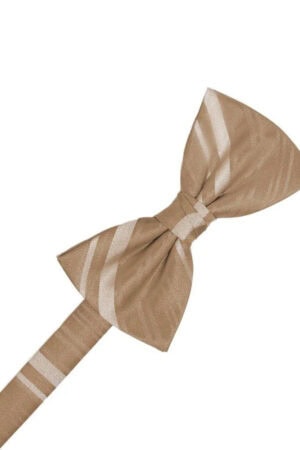 Beige striped bow tie tied in a knot with a matching strap extending to the left.