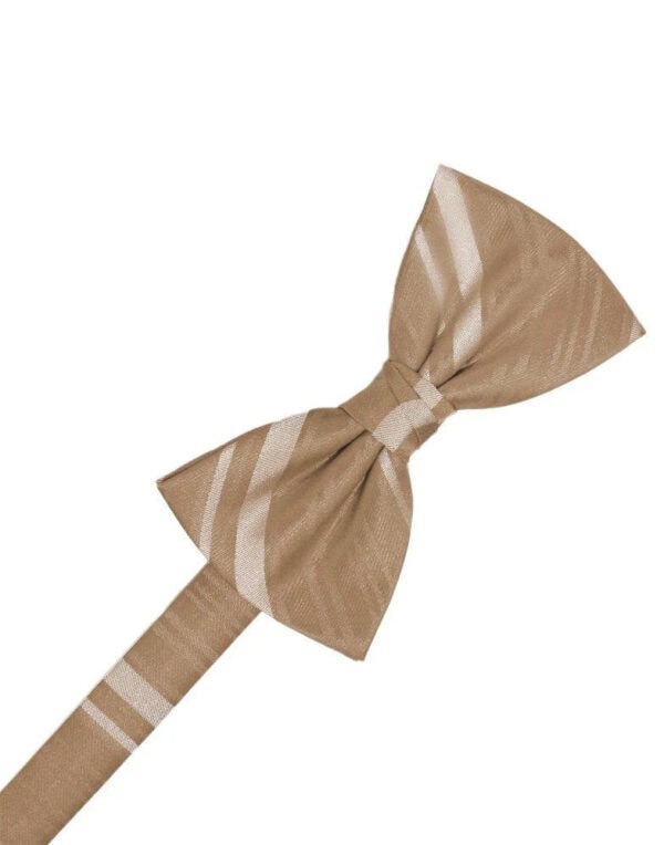 Beige striped bow tie tied in a knot with a matching strap extending to the left.