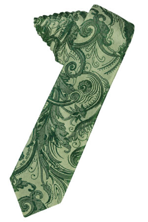 Green necktie with an intricate paisley pattern and swirling botanical motifs