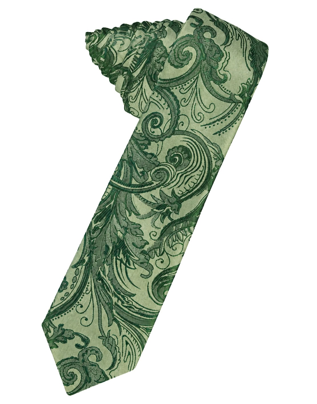 Green necktie with an intricate paisley pattern and swirling botanical motifs