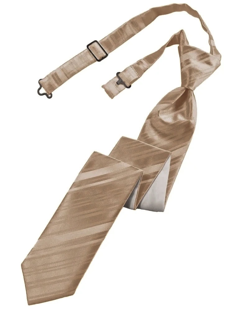 Beige striped necktie with an adjustable strap and buckle laid out on a white background