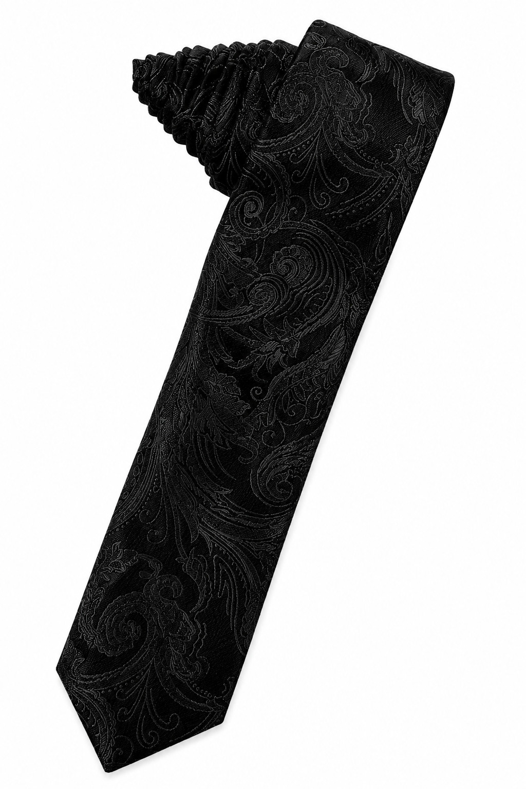 Black necktie with a subtle embossed paisley pattern on dark fabric, shown diagonally.