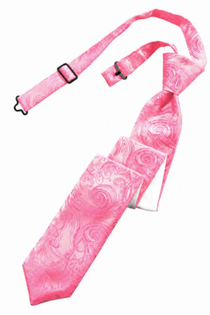 Pink paisley-pattern necktie with an adjustable strap and buckle accessory, shown diagonally.