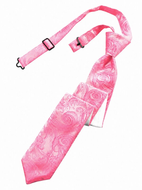 Pink paisley-pattern necktie with an adjustable strap and buckle accessory, shown diagonally.
