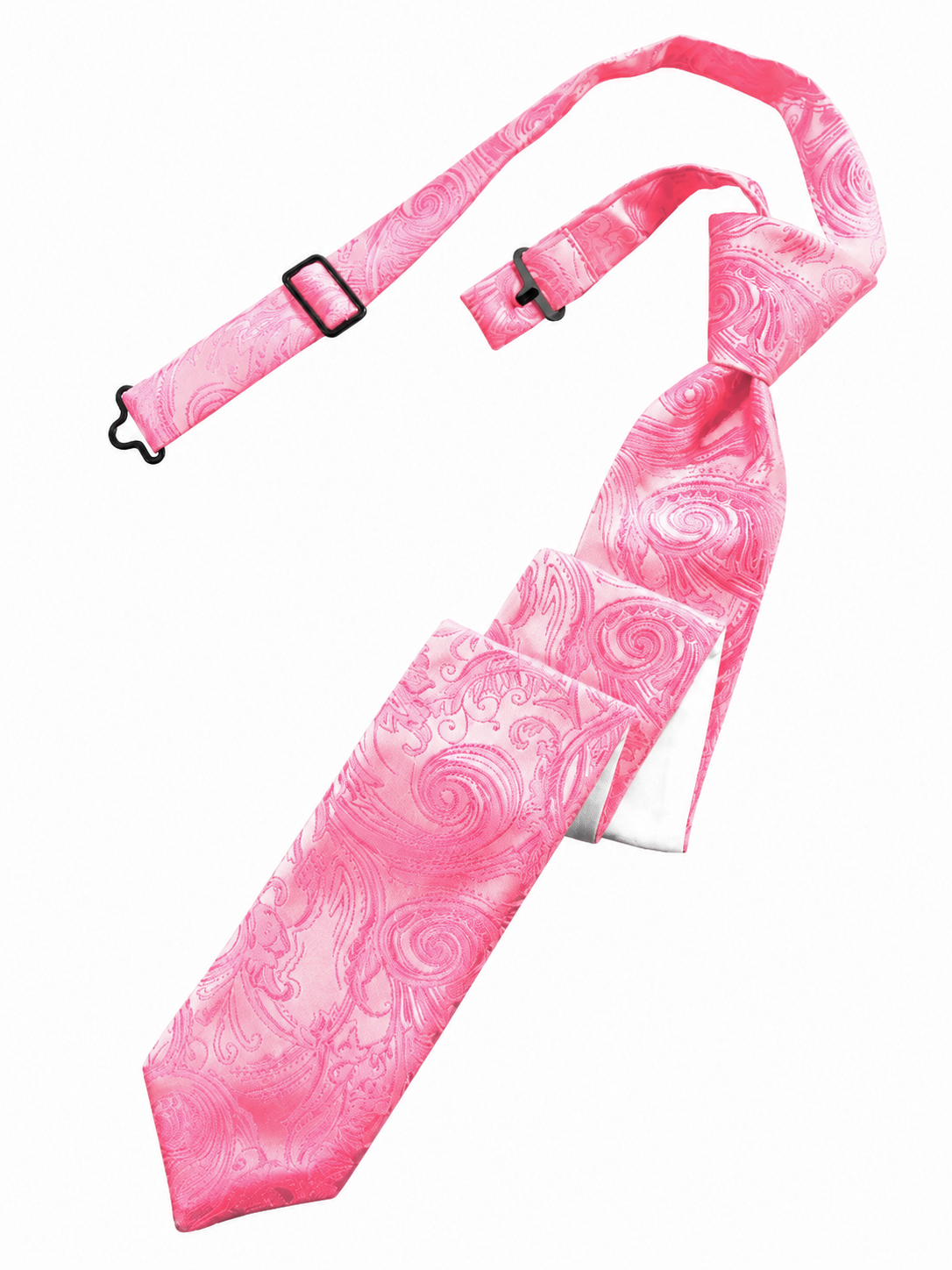 tapestry bubblegum long skinny tie | National Tuxedo Rentals Pink paisley-pattern necktie with an adjustable strap and buckle accessory, shown diagonally.