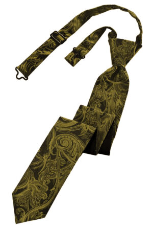 Olive-green necktie with a paisley pattern and an adjustable strap attachment nearby.