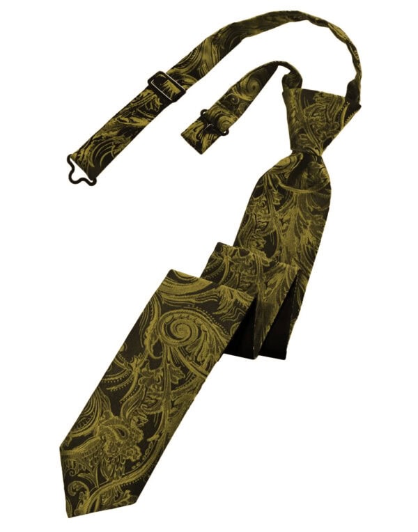 Olive-green necktie with a paisley pattern and an adjustable strap attachment nearby.