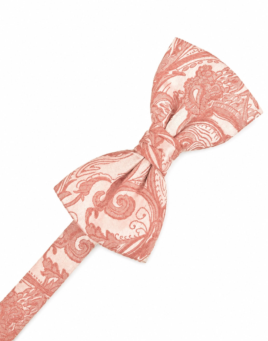 Pink patterned bow tie with an ornate paisley/damask design on a white background