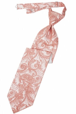 Pink paisley-patterned necktie laid flat with a knot near the top on a white background, showing an ornate design in pink.