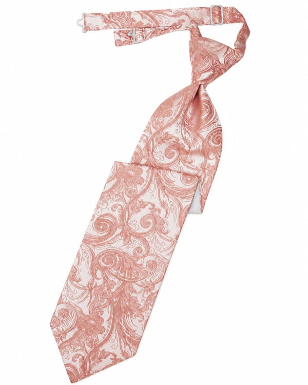 Pink paisley-patterned necktie laid flat with a knot near the top on a white background, showing an ornate design in pink.