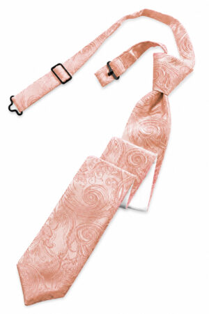 Pink paisley-pattern necktie with an adjustable strap and black buckle lying diagonally on a white background.