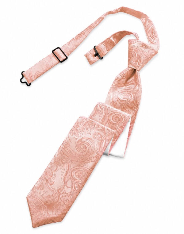 Pink paisley-pattern necktie with an adjustable strap and black buckle lying diagonally on a white background.