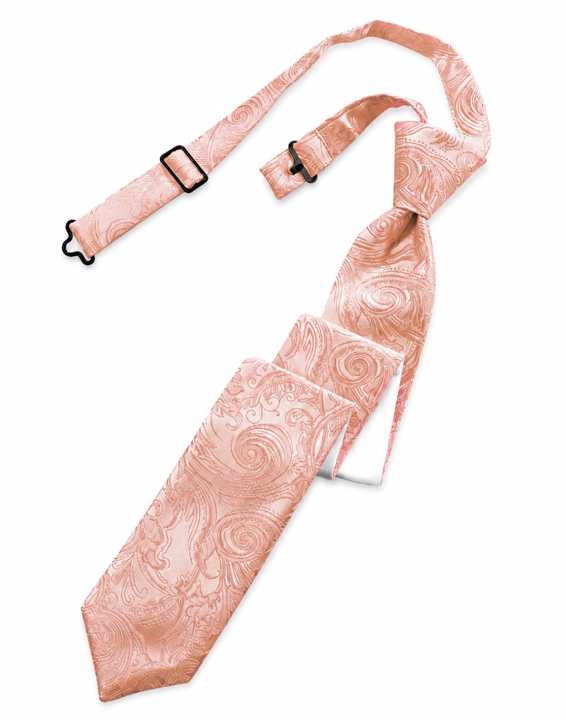tapestry peach skinny longtie | National Tuxedo Rentals Pink paisley-pattern necktie with an adjustable strap and black buckle lying diagonally on a white background.