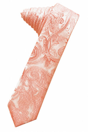 Coral-colored silk necktie with an intricate paisley pattern on a white background.