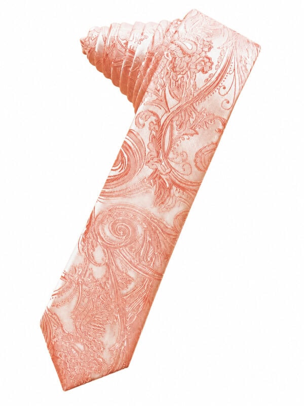 Coral-colored silk necktie with an intricate paisley pattern on a white background.