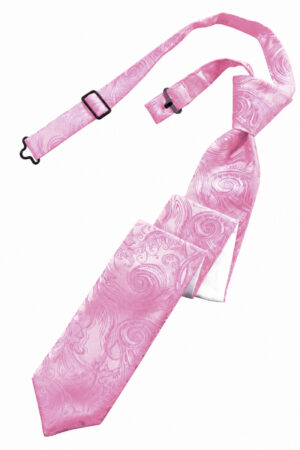 Pink paisley-pattern necktie displayed flat on a white background