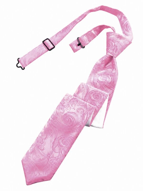 Pink paisley-pattern necktie displayed flat on a white background