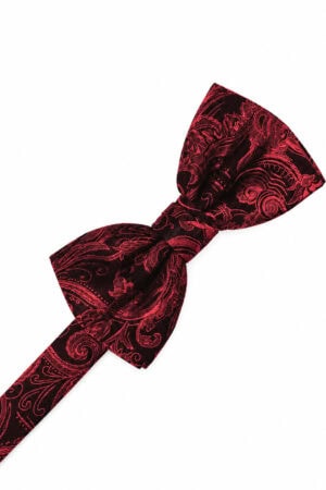 Red and black paisley-patterned bow tie laid on a white background.