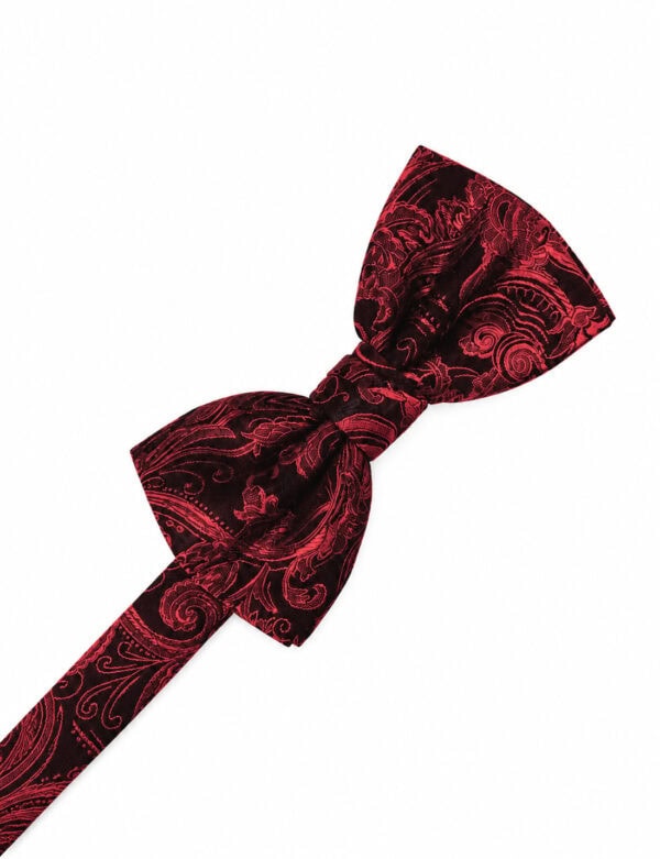 Red and black paisley-patterned bow tie laid on a white background.