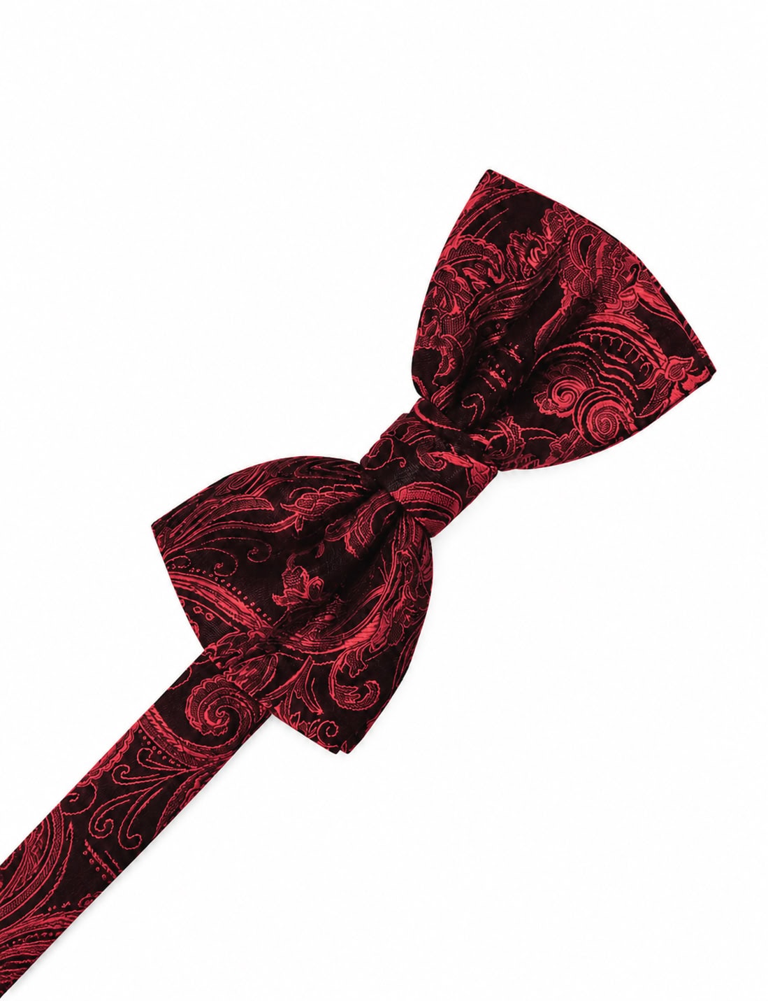Red and black paisley-patterned bow tie laid on a white background.