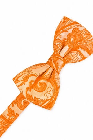 Orange patterned bow tie tied in a knot on a white background