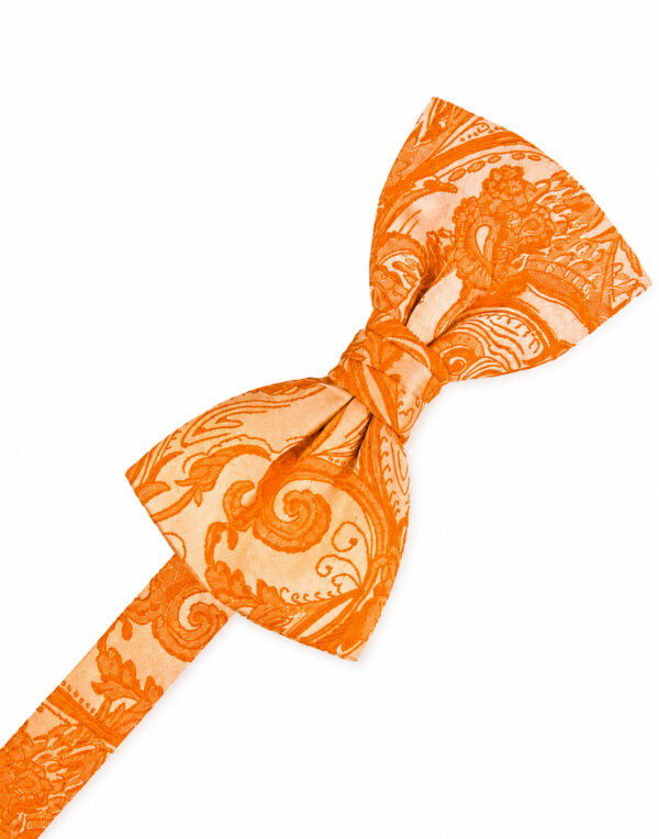 Orange patterned bow tie tied in a knot on a white background