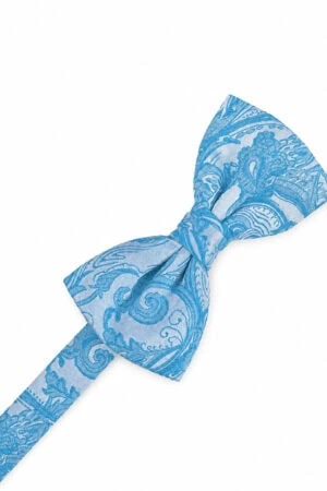 Blue patterned bow tie tied in a classic knot on a white background