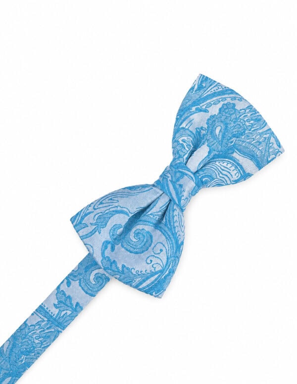 Blue patterned bow tie tied in a classic knot on a white background