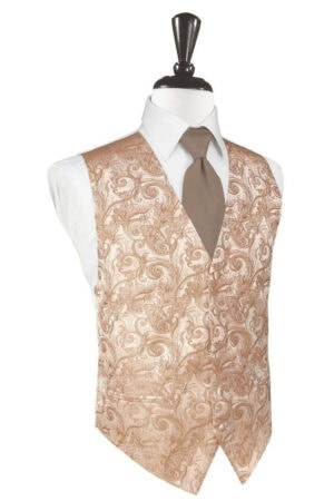 Mannequin wearing a beige paisley vest over a white dress shirt with a brown tie.