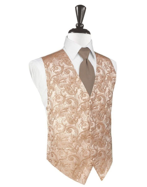 Mannequin wearing a beige paisley vest over a white dress shirt with a brown tie.