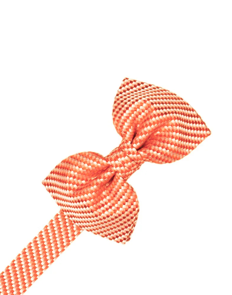 Orange striped ribbon bow tied in the center with a diagonal tail on a white background.