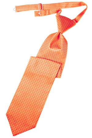 Orange necktie with an attached adjustable strap and knot on a white background.