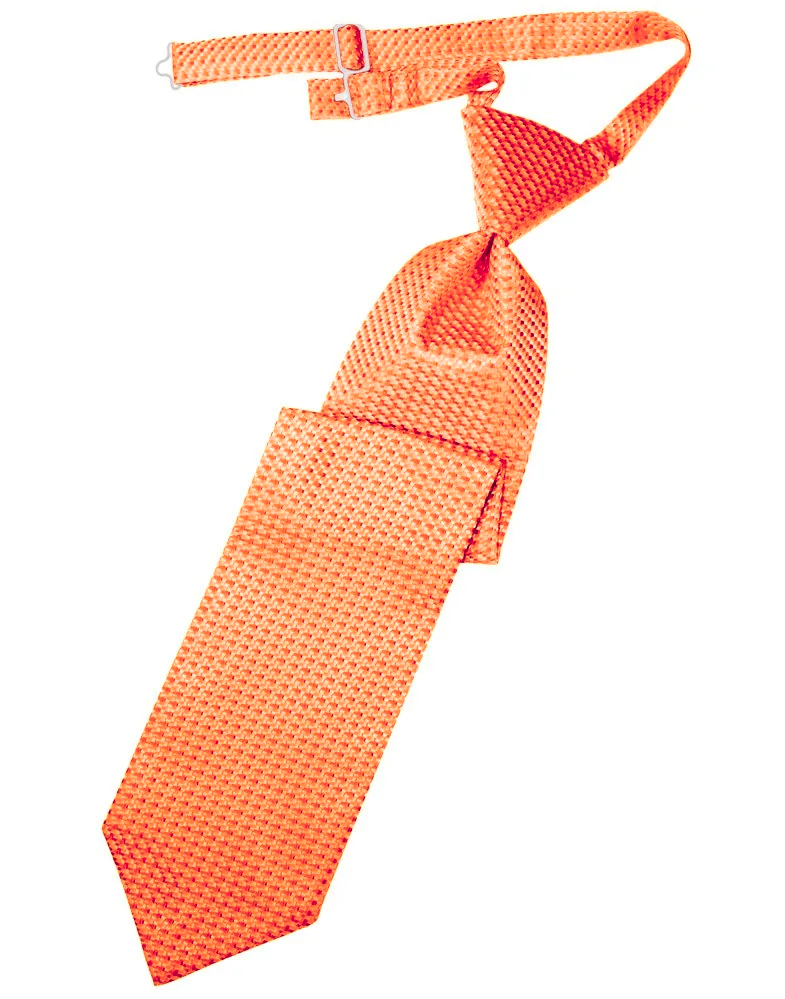 Orange necktie with an attached adjustable strap and knot on a white background.