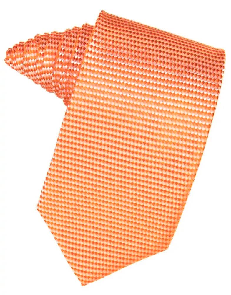 Orange textured necktie with a diagonal weave, rolled at the top.