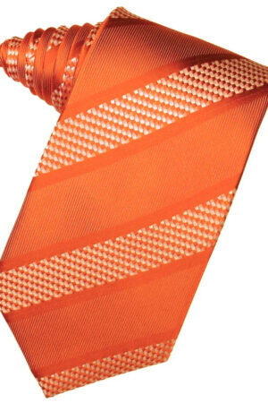 Orange striped necktie with diagonal patterns, shown against a white background (fashion accessory)